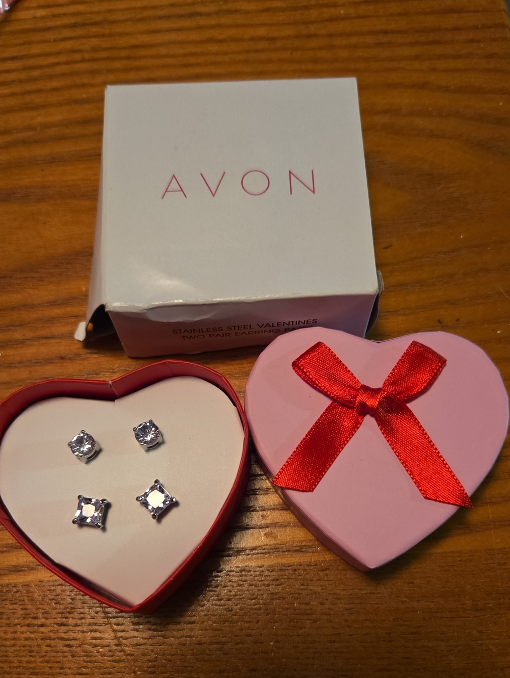 Avon Silver-Tone Clear Crystal Stud Earrings with Pink Heart Box